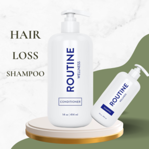 White shampoo and conditioner bottles of Routine Wellness hair loss shampoo set on a clean modern background