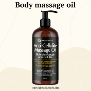 Bottle of M3 Naturals Anti-Cellulite Body Massage Oil with collagen and apple plant extract, 240 ml, amber bottle with black pump on light textured background.