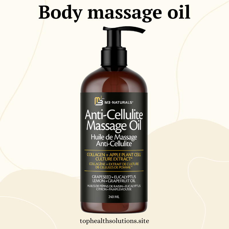 Bottle of M3 Naturals Anti-Cellulite Body Massage Oil with collagen and apple plant extract, 240 ml, amber bottle with black pump on light textured background.