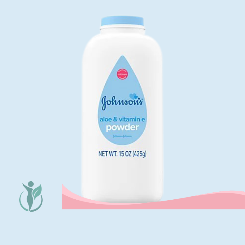 A white 15 oz bottle of johnson's baby powder with aloe and vitamin E, light blue cap, and blue teardrop logo on a pale blue background.