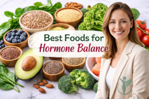 A smiling woman in her early 30s wearing a cream blazer stands beside a marble surface filled with healthy foods like berries, seeds, quinoa, nuts, avocado, spinach, broccoli, and salmon, representing a balanced and nutritious lifestyle.