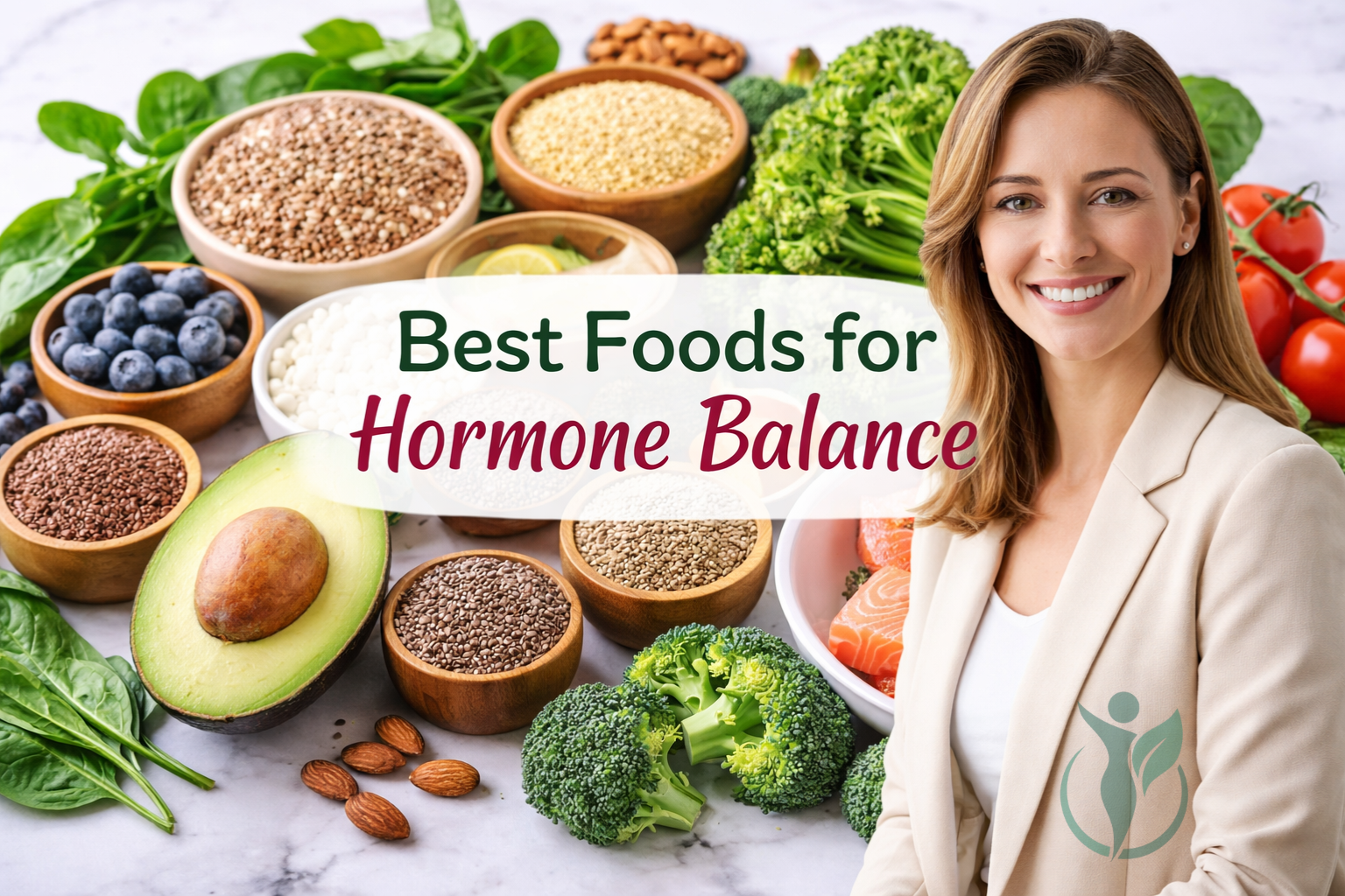 A smiling woman in her early 30s wearing a cream blazer stands beside a marble surface filled with healthy foods like berries, seeds, quinoa, nuts, avocado, spinach, broccoli, and salmon, representing a balanced and nutritious lifestyle.