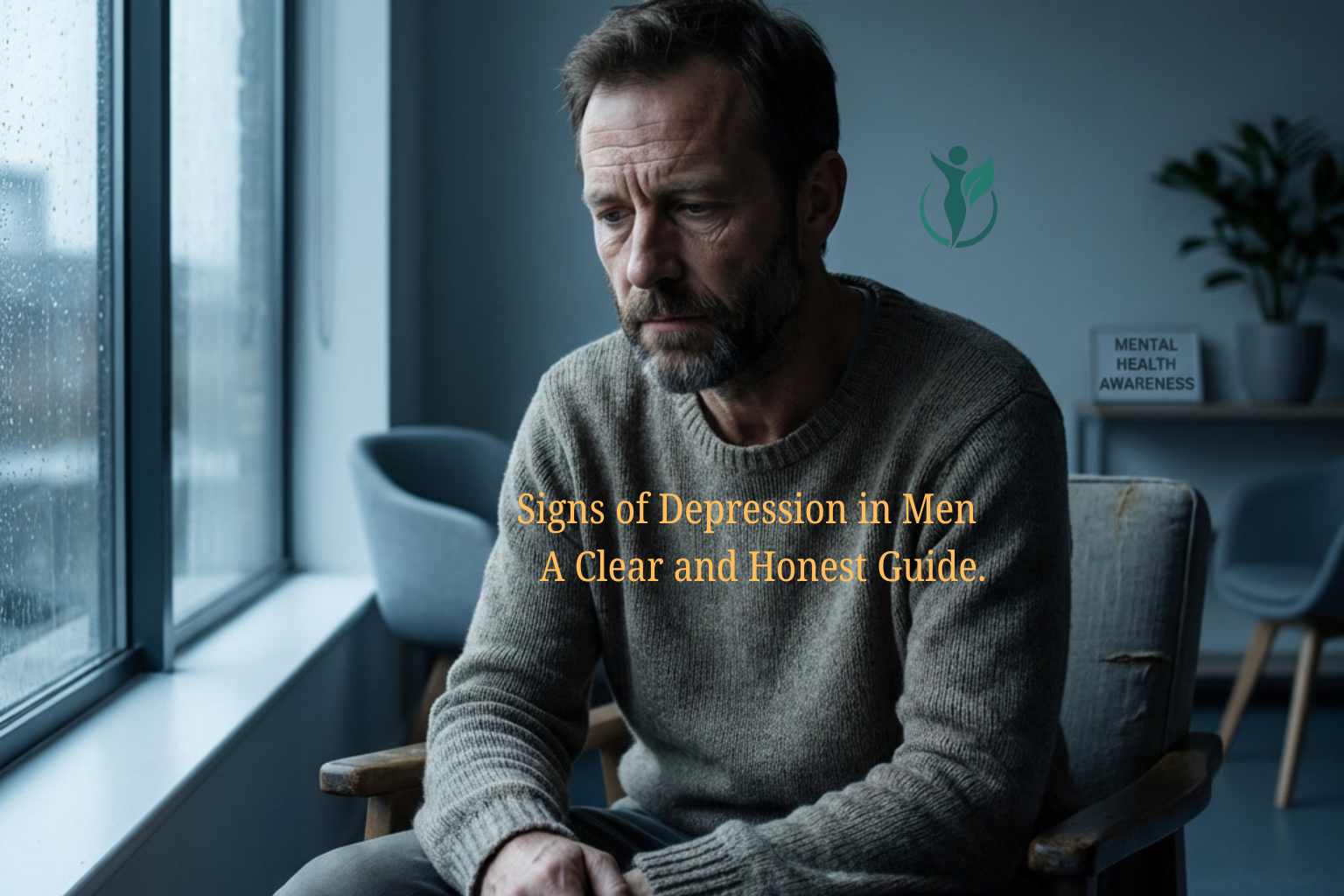 Signs of Depression in Men concept showing a thoughtful man sitting alone in a dim room reflecting emotional stress and mental health struggle.