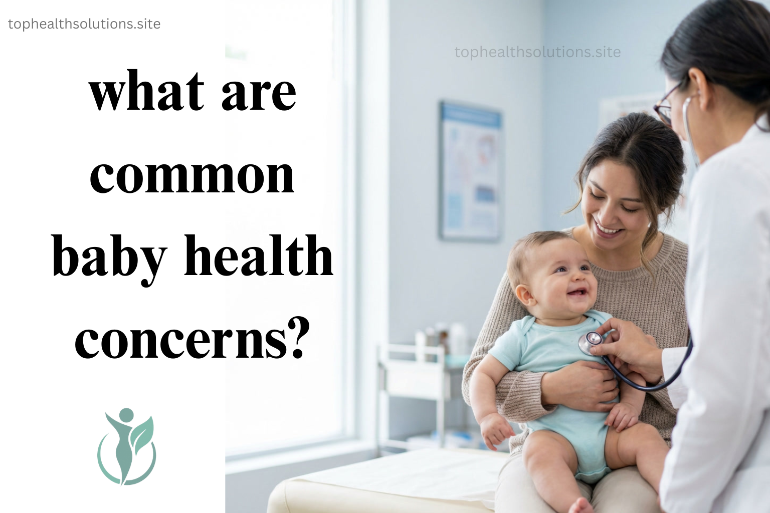 Mother holding smiling baby during a routine checkup while doctor listens with stethoscope, showing what are common baby health concerns?