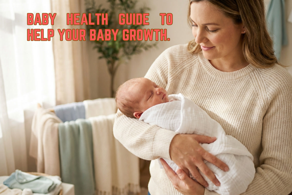 Mother gently caring for her newborn baby in a calm and clean home environment showing love and healthy baby care routine.