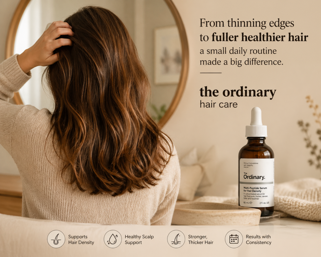 The Ordinary hair care serum for hair density with a woman checking her fuller, healthier hair in a mirror