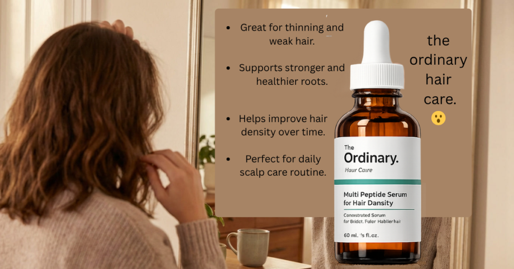 The ordinary hair care serum for hair density shown with woman touching her hair in mirror reflection.