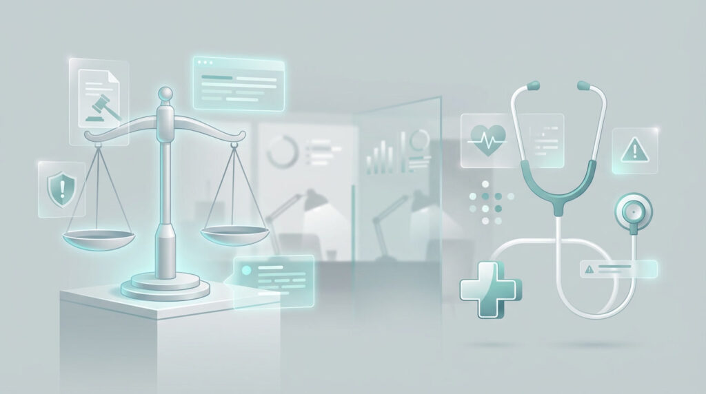 Disclaimer concept illustration with justice scale, stethoscope, and medical symbols representing legal balance and health responsibility