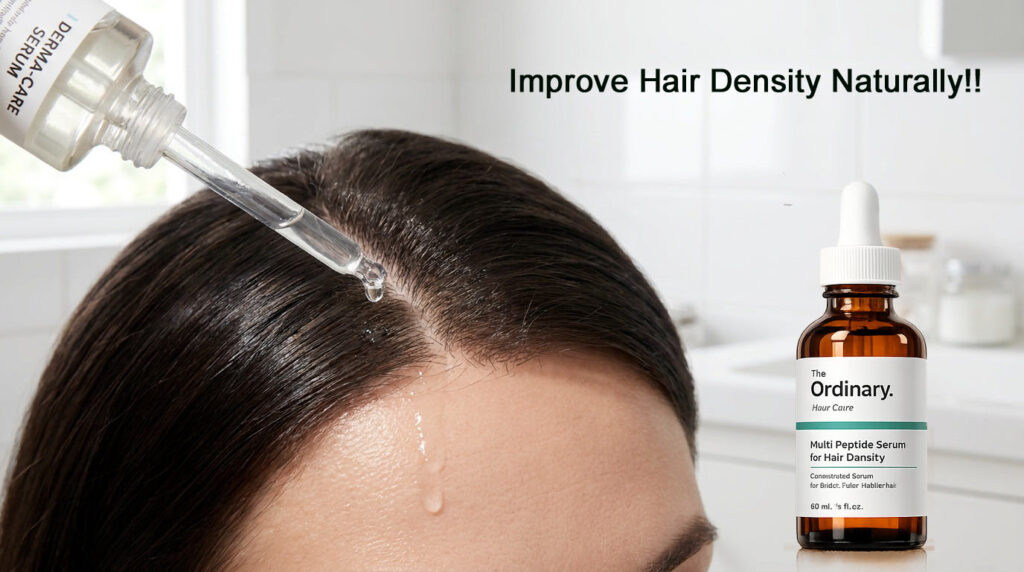 The ordinary hair care serum applied to scalp with dropper for improving hair density and healthy hair growth.