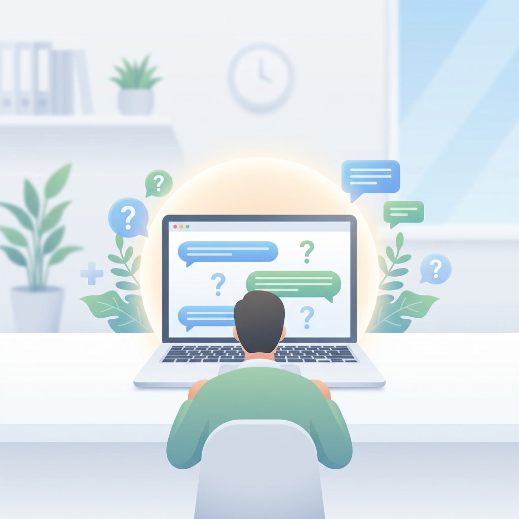 FAQ page illustration showing a person searching answers on a laptop with question mark icons and health-related elements in a modern workspace.