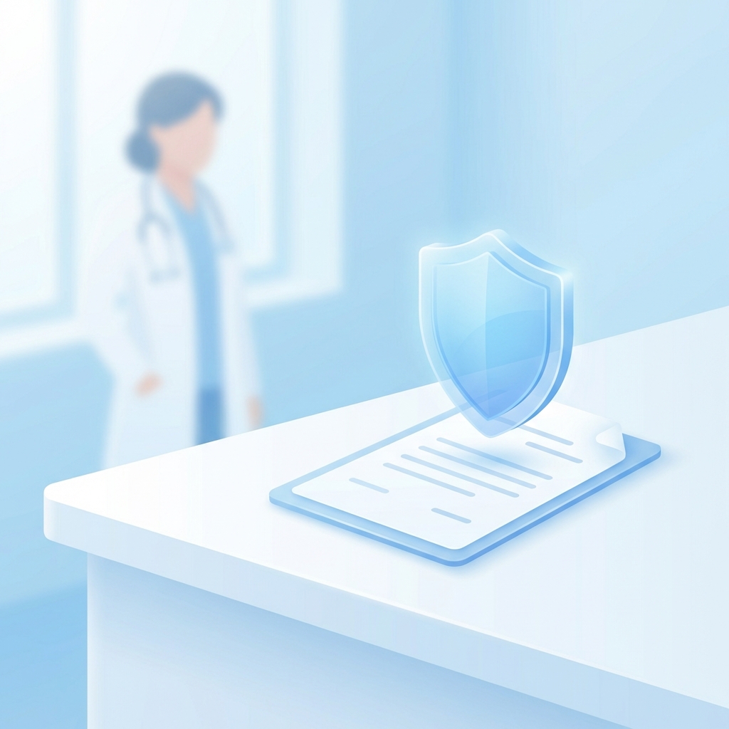 Disclaimer concept illustration showing a professional desk with document, shield icon, and healthcare background symbolizing responsibility and safety.