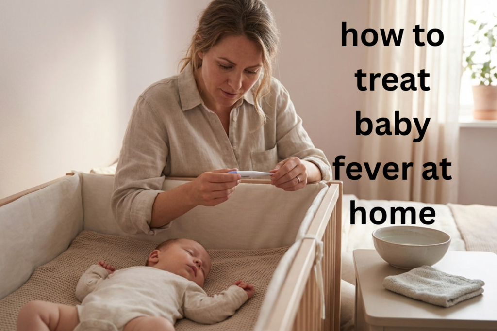 Mother checking baby’s temperature with thermometer while caring for fever at home in a calm bedroom setting.
