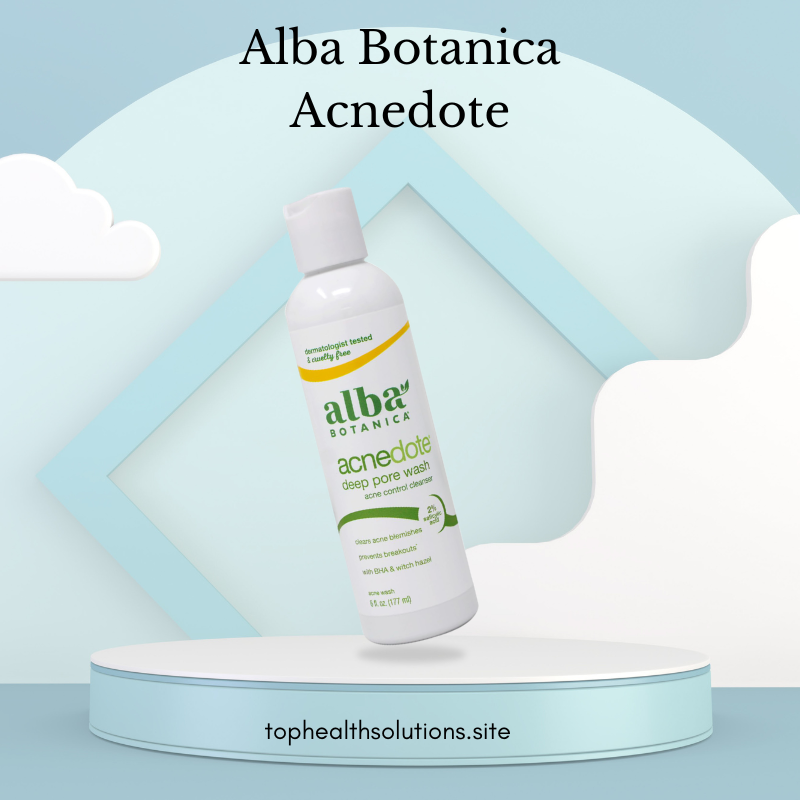Alba Botanica Acnedote Deep Pore Wash displayed on a modern blue and white podium with bright clean lighting, featured among the best organic body washes for gentle skincare.