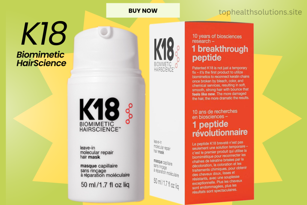 K18 Biomimetic Hair Science molecular repair hair mask bottle and packaging on a bright yellow background