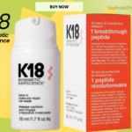 K18 Biomimetic Hair Science molecular repair hair mask bottle and packaging on a bright yellow background