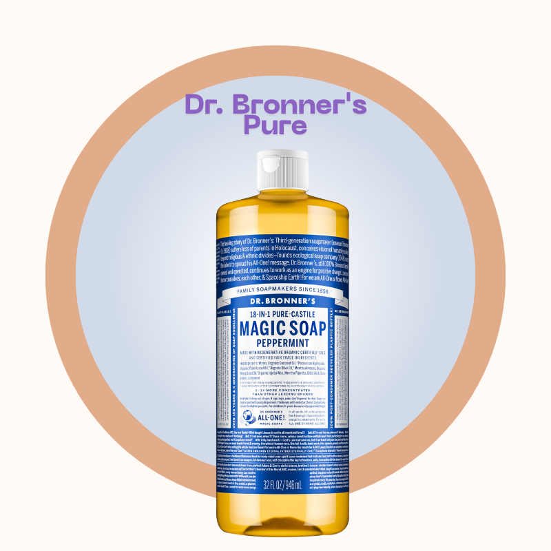 Dr. Bronner's Pure Magic Soap Peppermint body wash in a clear yellow bottle with a clean pastel background, featured among the best organic body washes for natural skincare.
