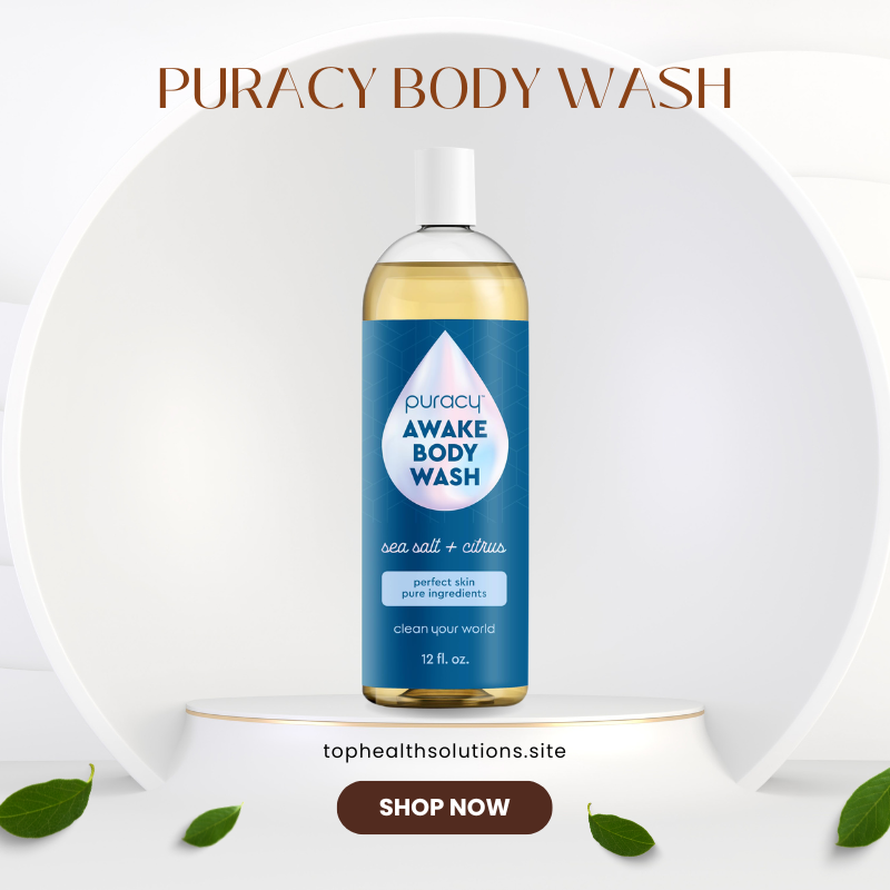 Puracy Awake Body Wash with sea salt and citrus displayed on a modern white pedestal with green leaves, representing the best organic body washes for clean and refreshing skincare.