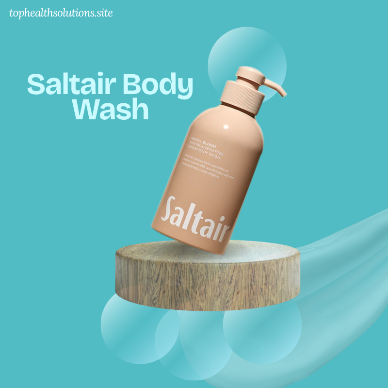 Saltair Body Wash pump bottle displayed on a rustic wooden podium with modern blue abstract background, featured among the best organic body washes for luxurious skincare.