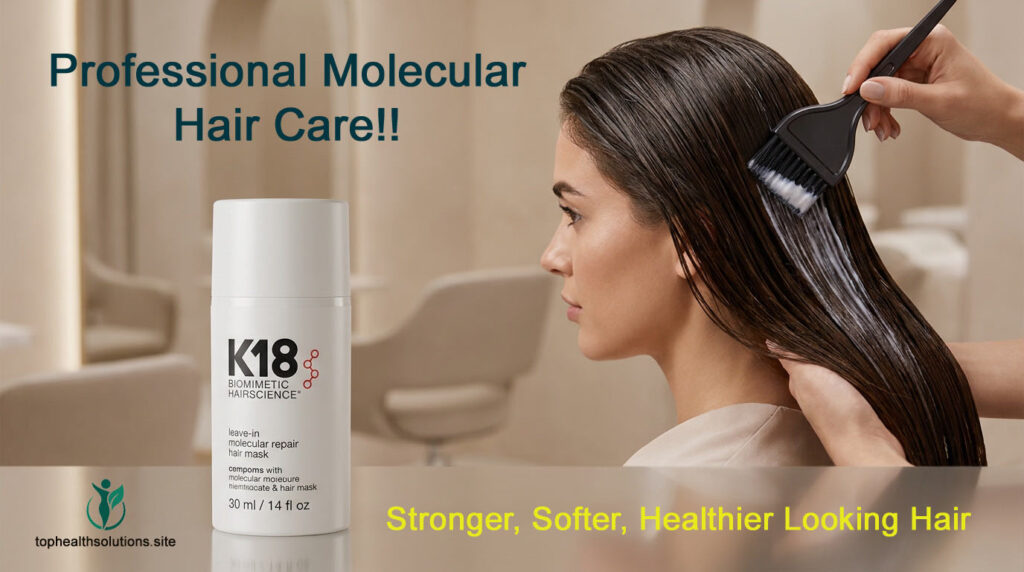 K18 leave-in molecular repair hair mask displayed with a professional hair treatment background in a salon-style setting.