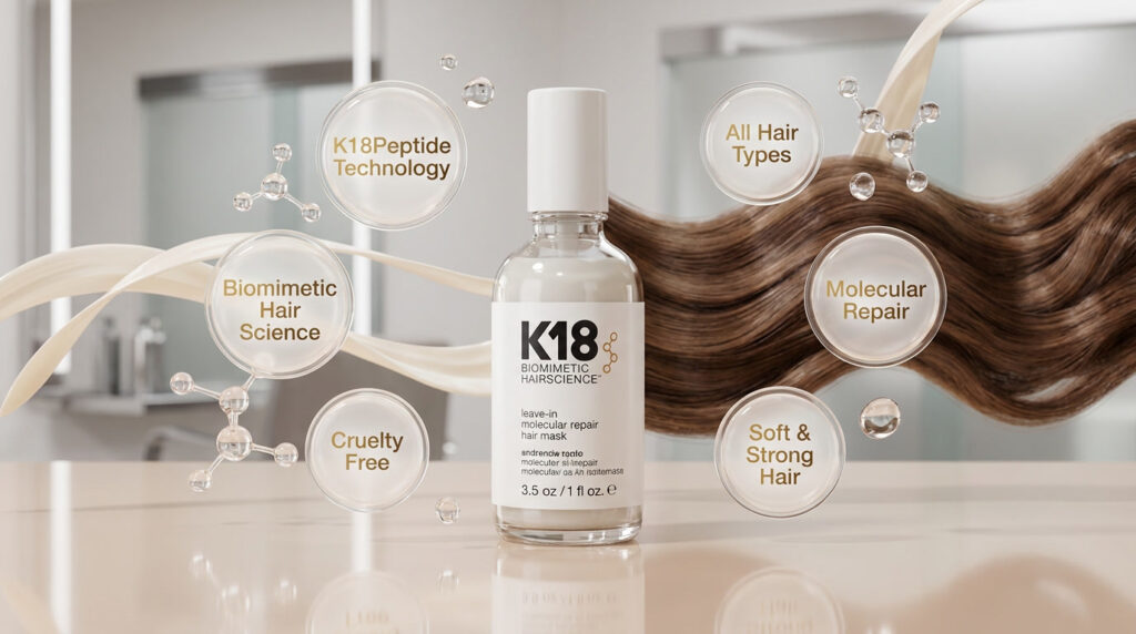 K18 molecular repair hair mask with ingredient and formula highlights in a luxury beauty product display.