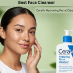 Woman with healthy skin beside CeraVe Hydrating Facial Cleanser, one of the best face cleanser options for normal to dry skin.