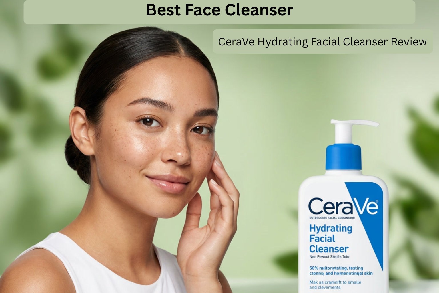Woman with healthy skin beside CeraVe Hydrating Facial Cleanser, one of the best face cleanser options for normal to dry skin.