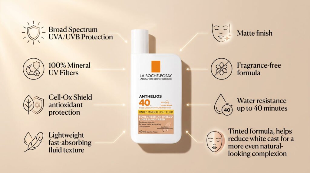 La Roche-Posay Anthelios Tinted Mineral Light Fluid Sunscreen SPF 40 displayed in a premium skincare infographic design with warm beige background, sunlight glow, and visual callouts highlighting broad-spectrum UV protection, mineral filters, antioxidant protection, matte finish, water resistance, and tinted formula benefits.