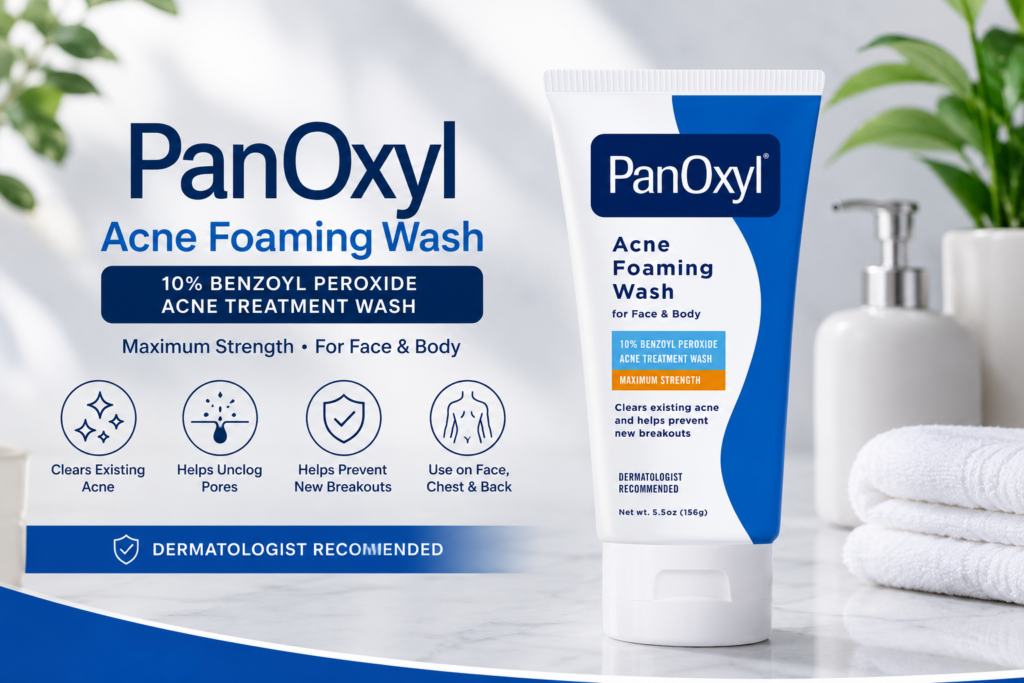 PanOxyl 10% Benzoyl Peroxide Acne Foaming Wash for face and body acne, featured in our PanOxyl acne foaming wash reviews.