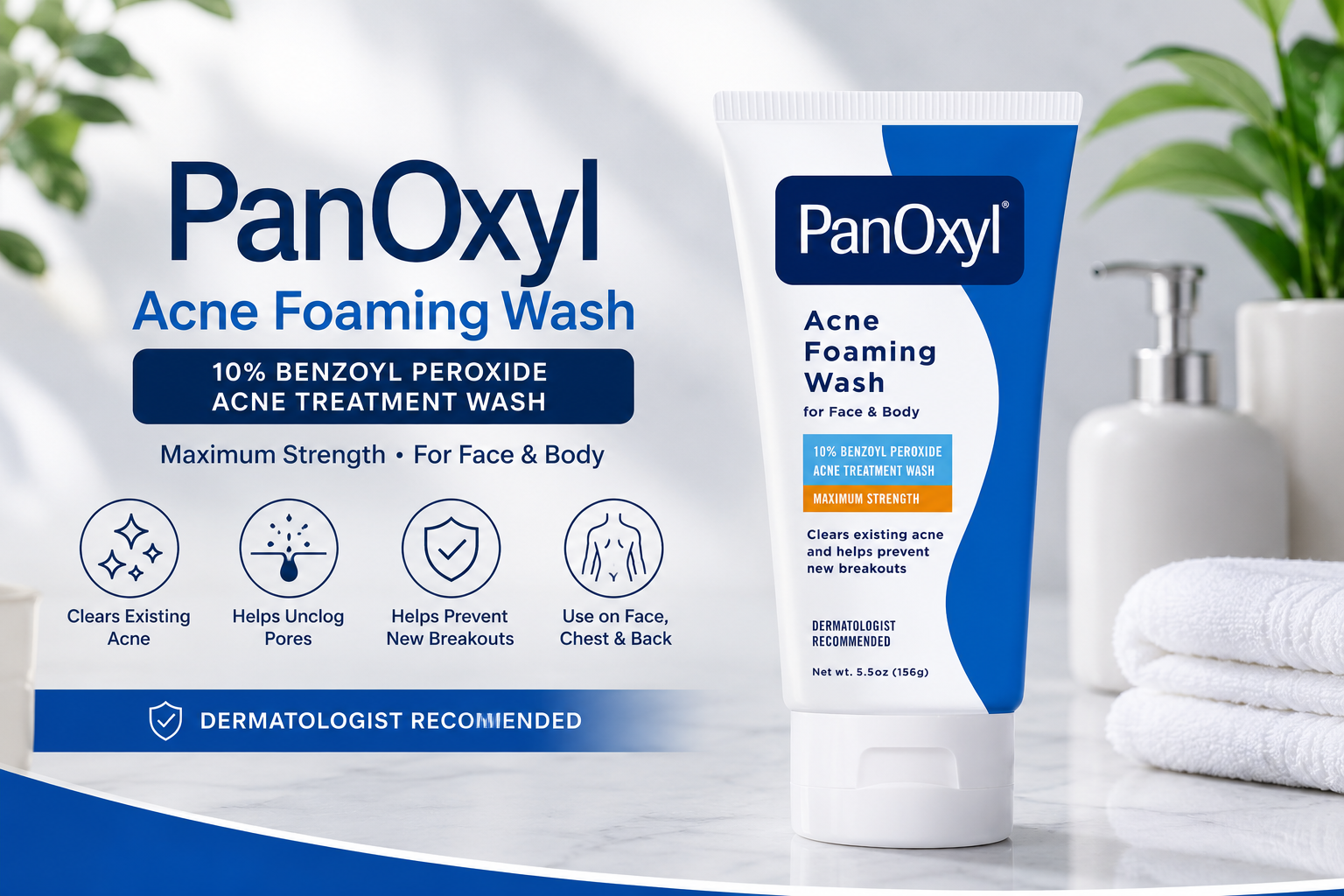 PanOxyl 10% Benzoyl Peroxide Acne Foaming Wash for face and body acne, featured in our PanOxyl acne foaming wash reviews.