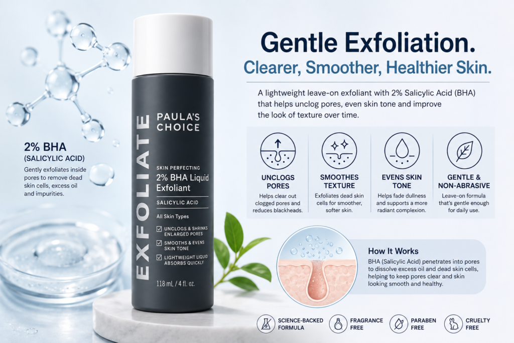 Paula's Choice Skin Perfecting 2% BHA Liquid Exfoliant with salicylic acid illustration for unclogging pores and improving skin texture