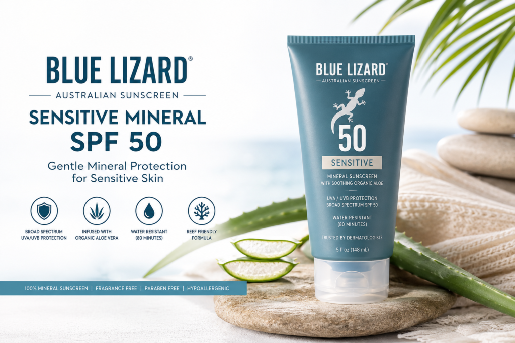 Blue Lizard Sensitive Mineral Sunscreen SPF 50 lotion with organic aloe vera for sensitive skin and broad-spectrum UVA UVB protection