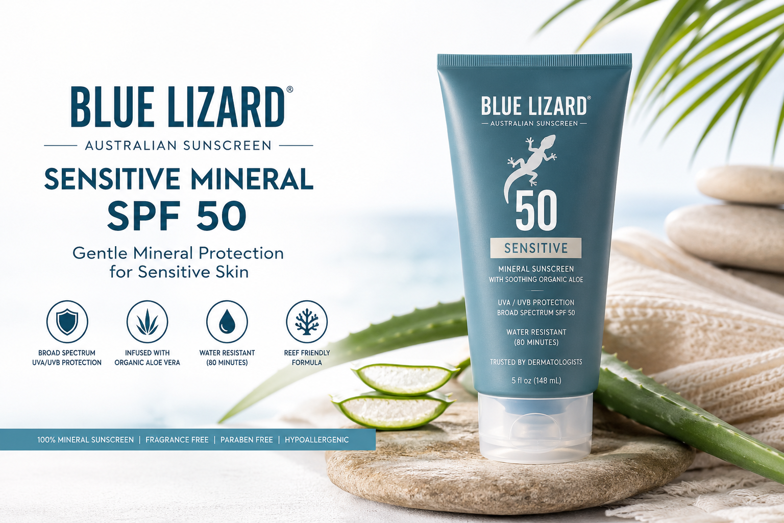Blue Lizard Sensitive Mineral Sunscreen SPF 50 lotion with organic aloe vera for sensitive skin and broad-spectrum UVA UVB protection