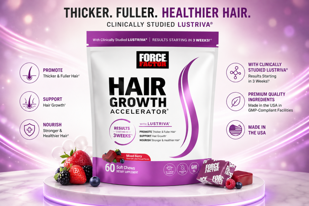 Force Factor Hair Growth Accelerator Soft Chews with Lustriva product.