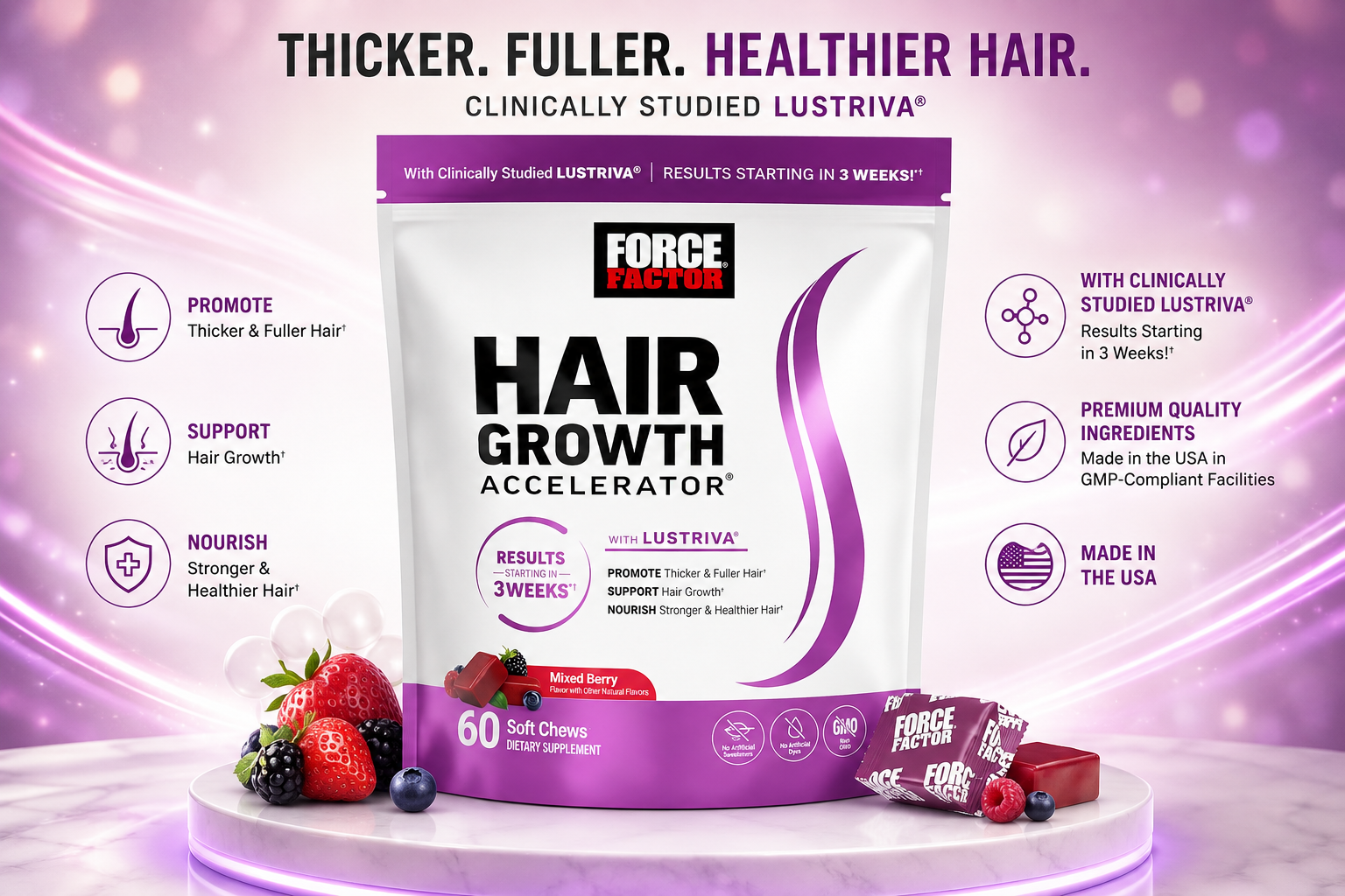 Force Factor Hair Growth Accelerator Soft Chews with Lustriva product.