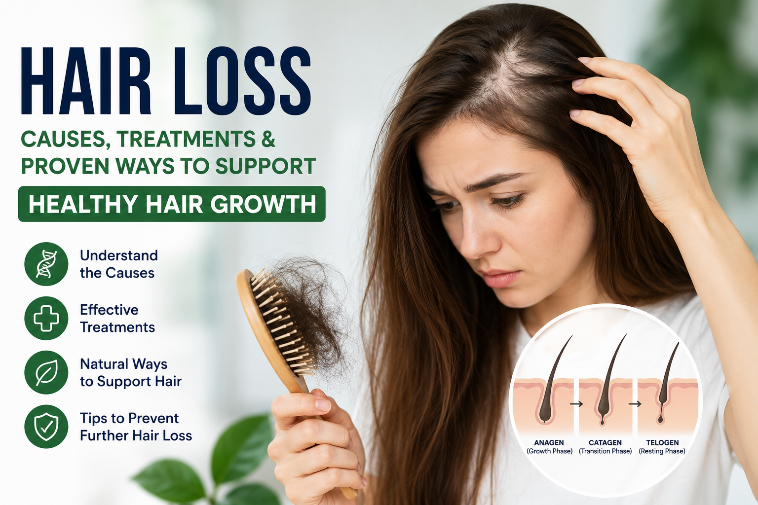 Woman showing signs of hair loss while holding a hairbrush with shed hair, illustrating common causes, treatments, and healthy hair growth tips.