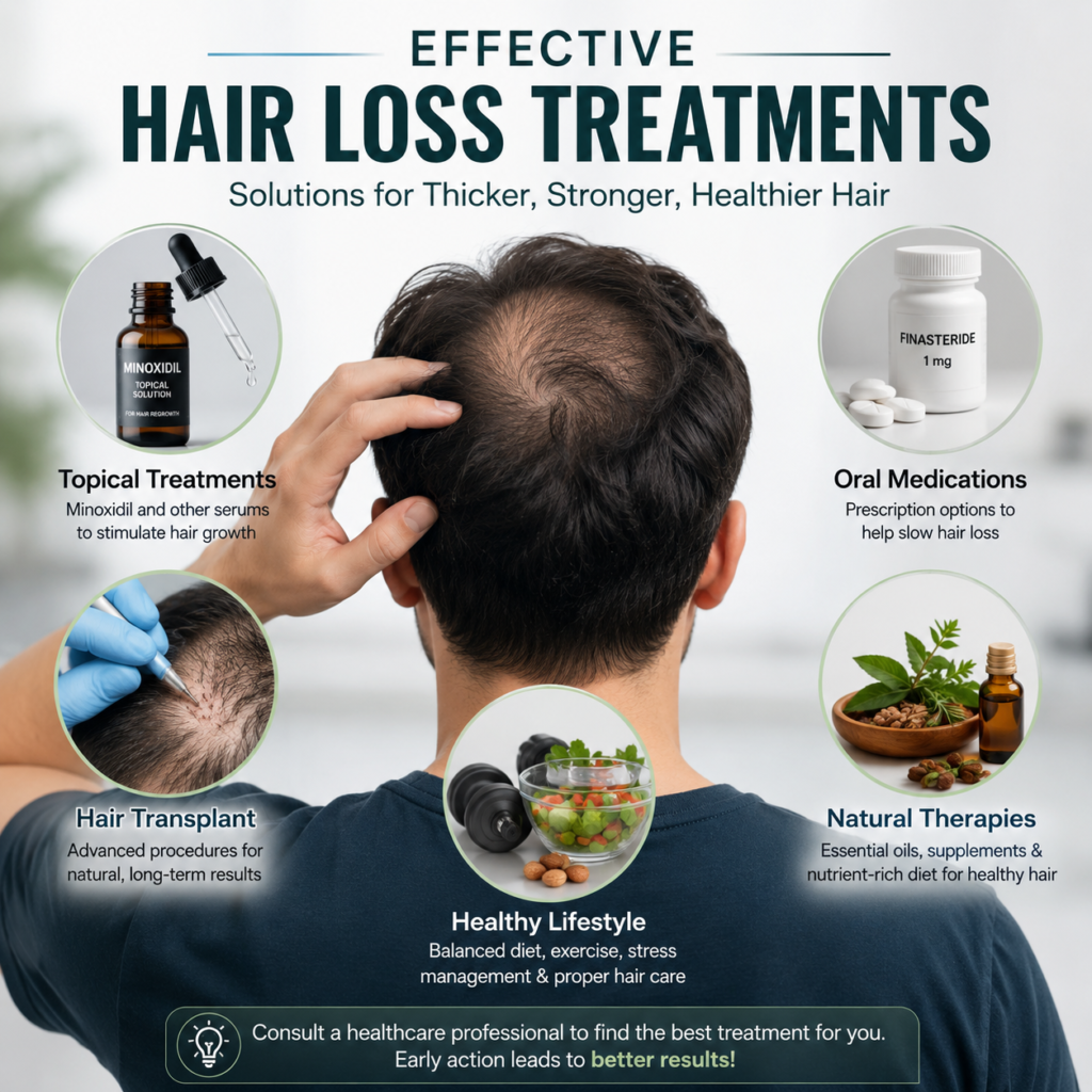 Medical infographic showing effective hair loss treatments including topical medications, oral medications, hair transplant, natural therapies, and healthy lifestyle habits.