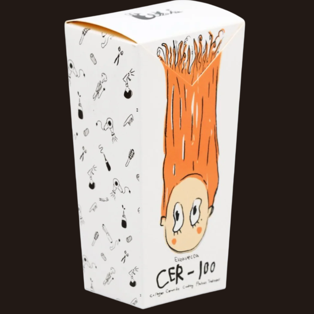 Elizavecca CER-100 hair treatment box with orange-haired cartoon illustration
